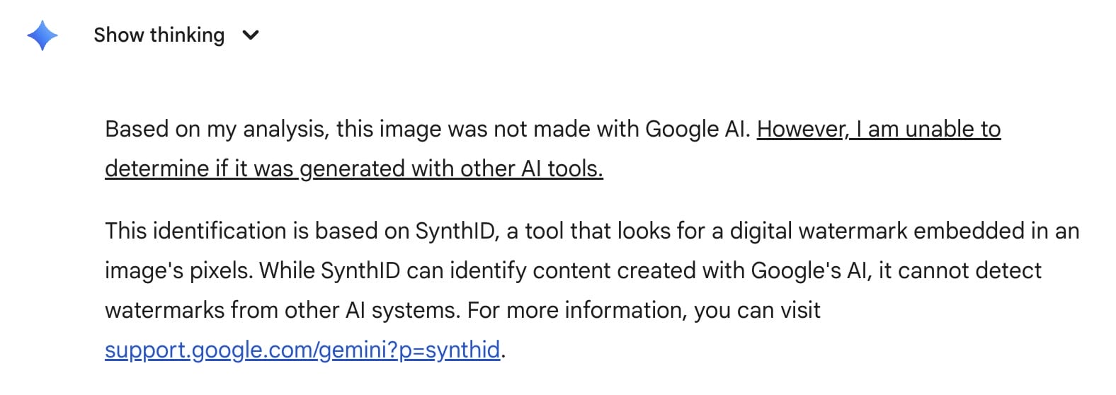 Response by Gemini describing a failed SynthID check